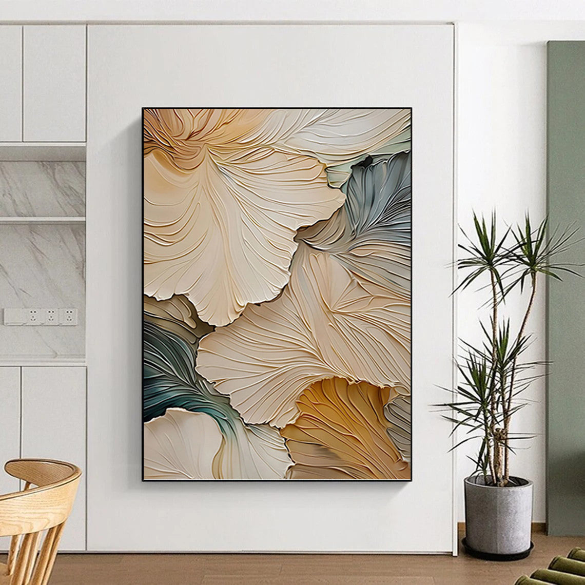 “Beige - Gray - Green Floral Relief” - 3D - Inspired Floral Painting On Canvas PT1385