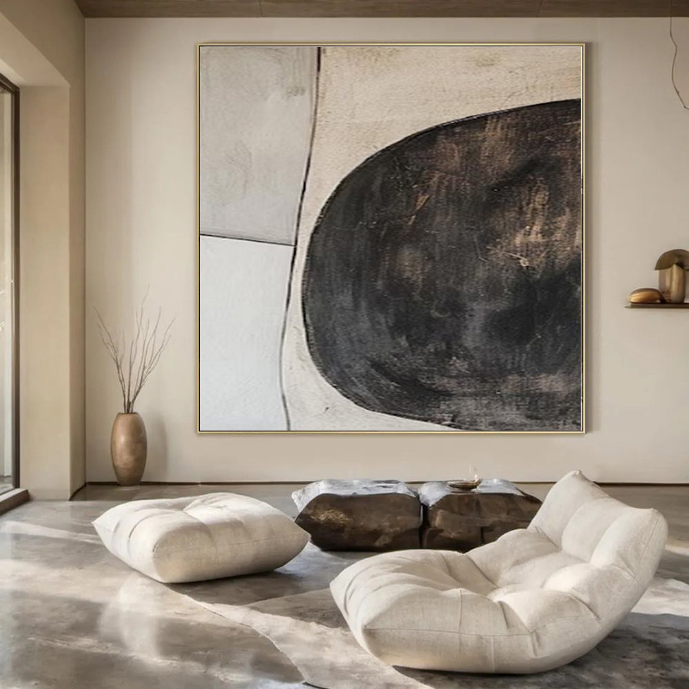 Beige and Black Circular Shapes "Organic Minimalism" Abstract Painting On Canvas PS1081