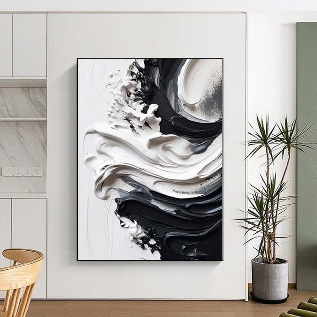“Sleek Black - and - White Textured Abstract” - Contemporary Abstract Painting On Canvas PS0241
