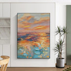 “Rainbow - Hued Impasto Ocean Sunset” - Impasto Landscape Painting On Canvas PT1898