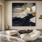 Cream and Black Floral "Elegant Blossoms" Impasto Flower Painting On Canvas PS1091