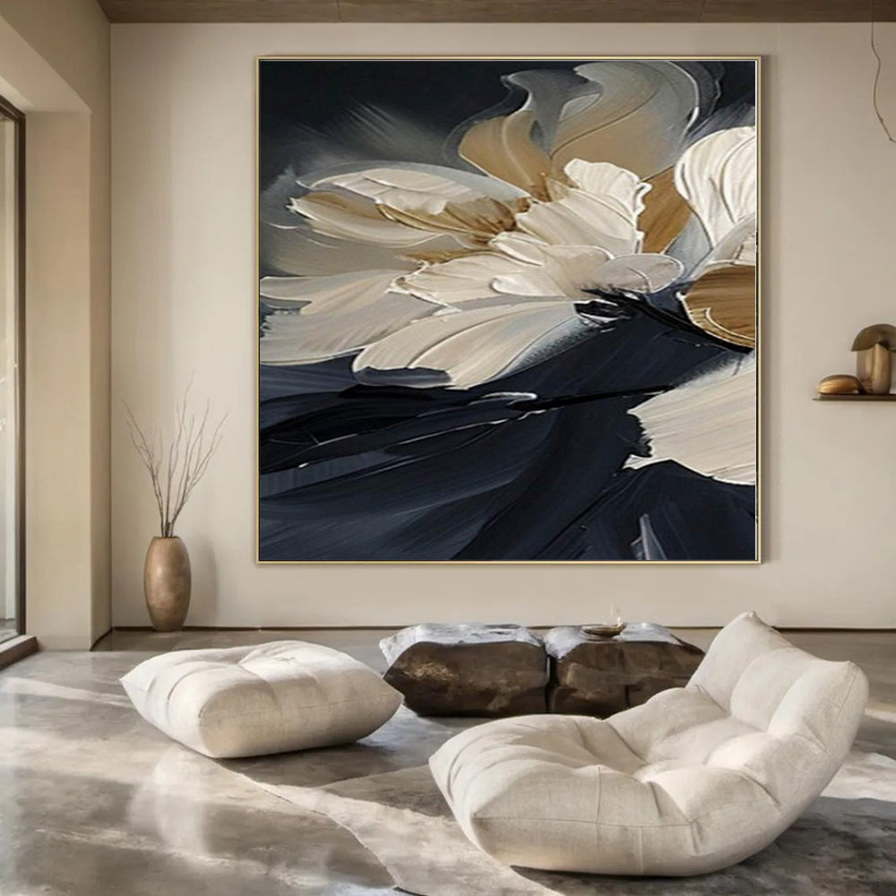 Cream and Black Floral "Elegant Blossoms" Impasto Flower Painting On Canvas PS1091