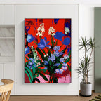 Vibrant Blooms: Blue Flowers on Red Painting On Canvas DS101