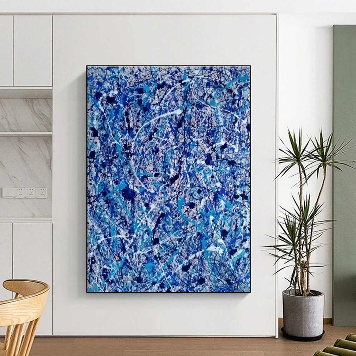 Blue and White Splatters, "Oceanic Chaos" – Action - Painting Abstract On Canvas PS0886