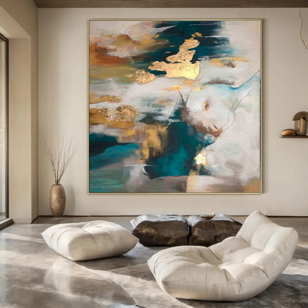 Teal, Gold, and White Abstract, "Dreamy Fusion" – Abstract Expressionist Painting On Canvas PS1002