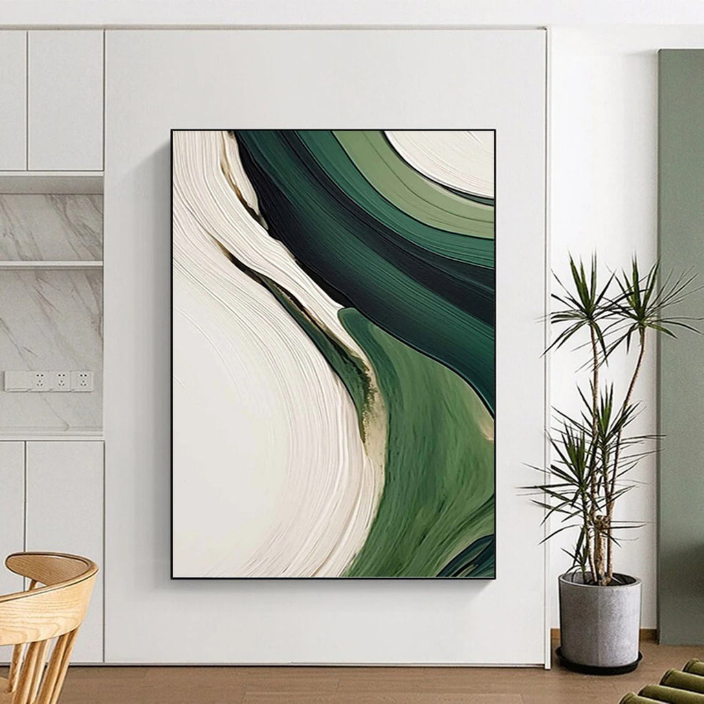 “Green & White Flowing Abstraction” - Fluid, Abstract Shapes Painting On Canvas PT1468