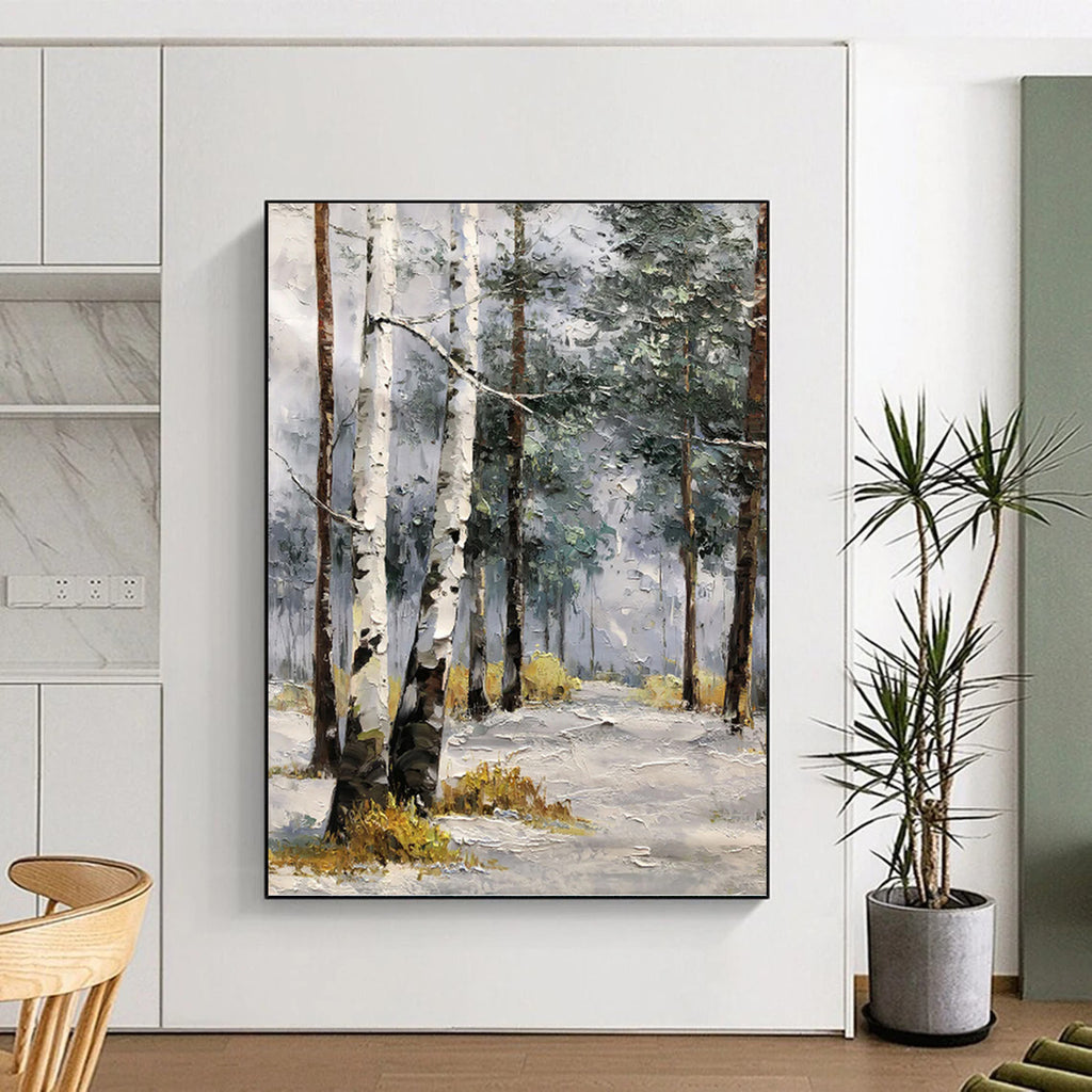 “White - Brown Winter Birch Path” - Impressionist Landscape Painting On Canvas PT1283
