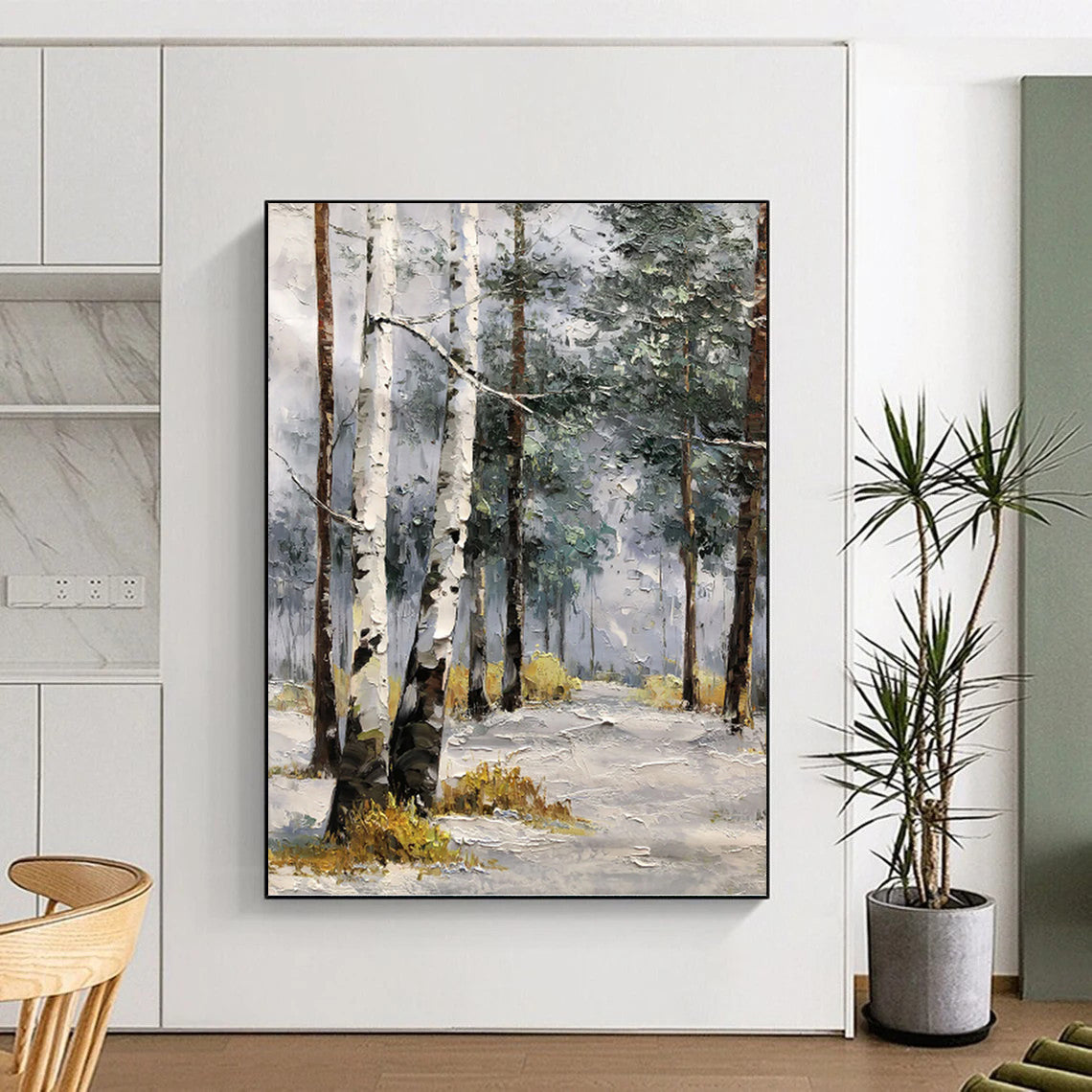 “White - Brown Winter Birch Path” - Impressionist Landscape Painting On Canvas PT1283