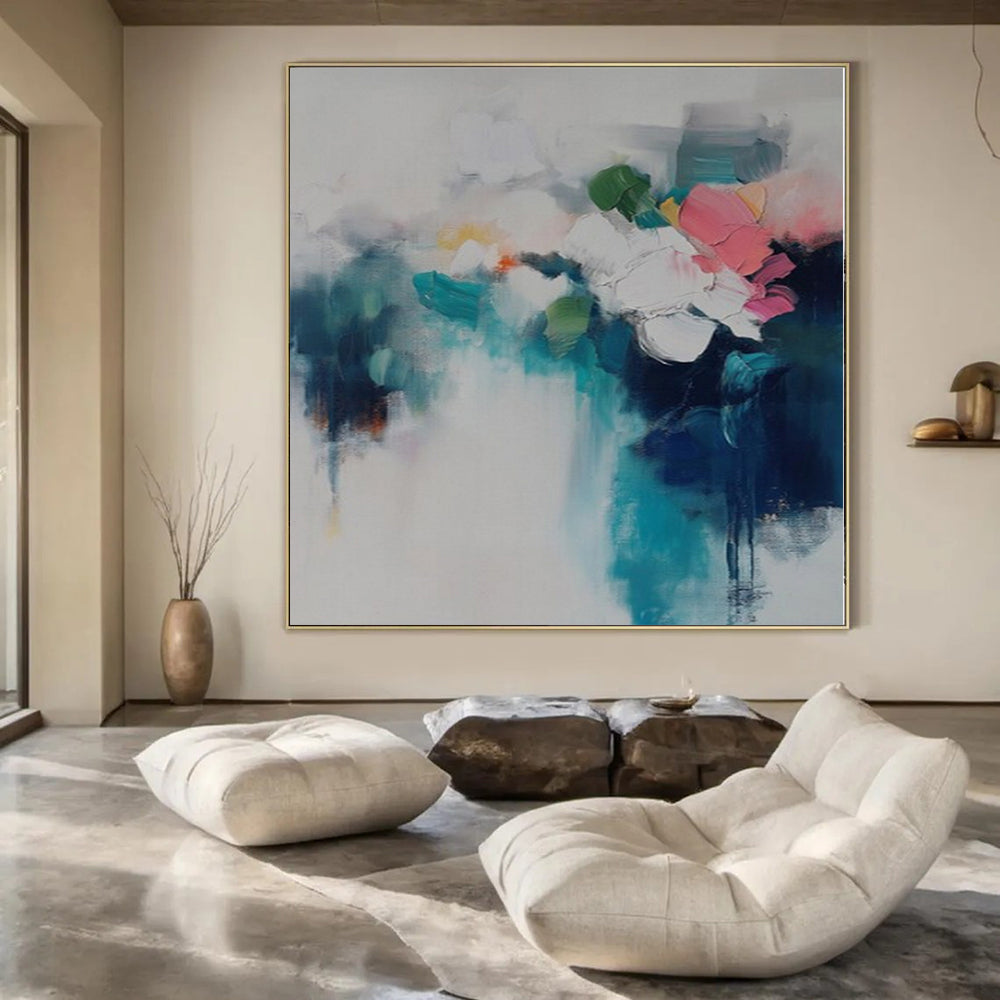 Soft White, Teal, Pink and Green with Abstract Florals "Petal Mist" Abstract Painting On Canvas PS1182