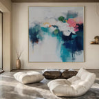 Soft White, Teal, Pink and Green with Abstract Florals "Petal Mist" Abstract Painting On Canvas PS1182