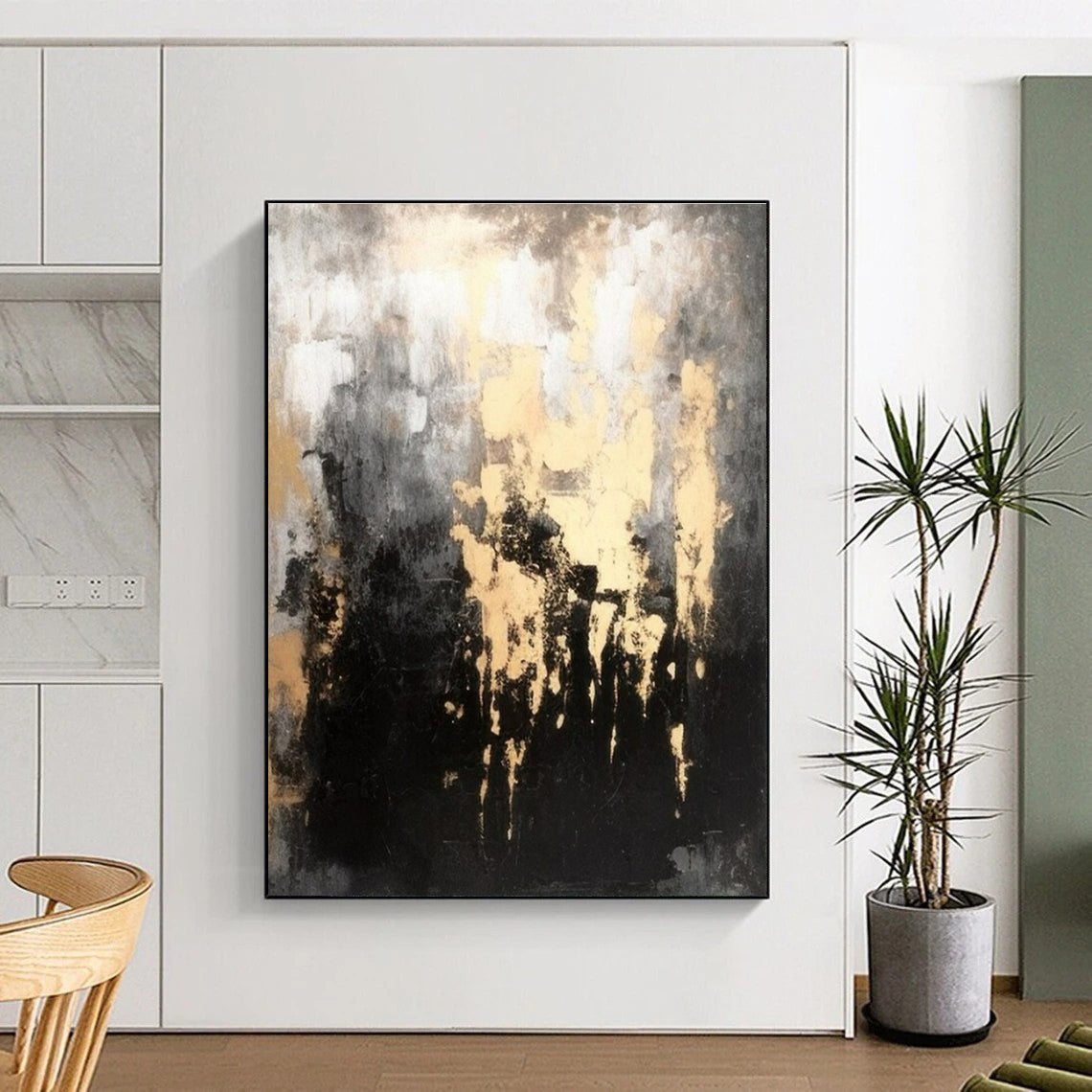“Gilded Grayscale Drip” - Black, Gray, Gold Abstract Textured Painting On Canvas PS0622