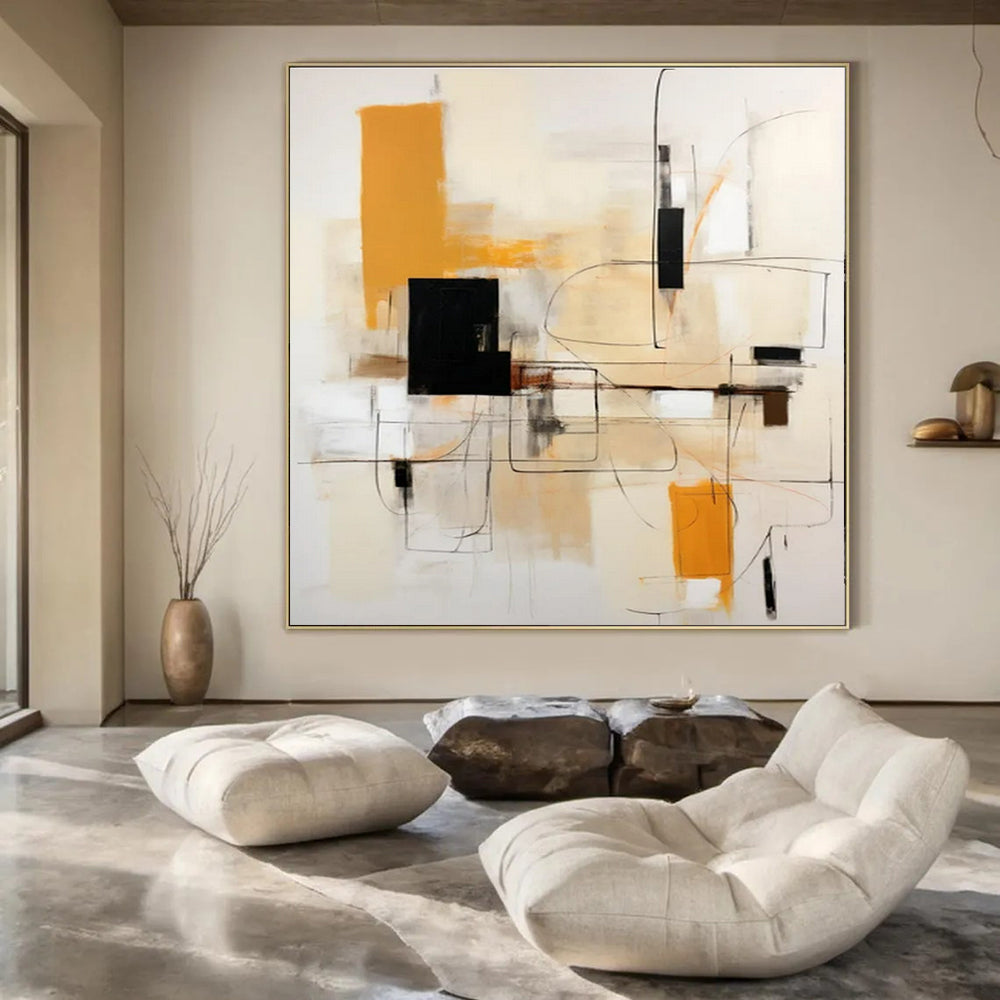 Beige, Orange, Black, White with Geometric Lines "Structured Energy" Abstract Painting On Canvas PS1461
