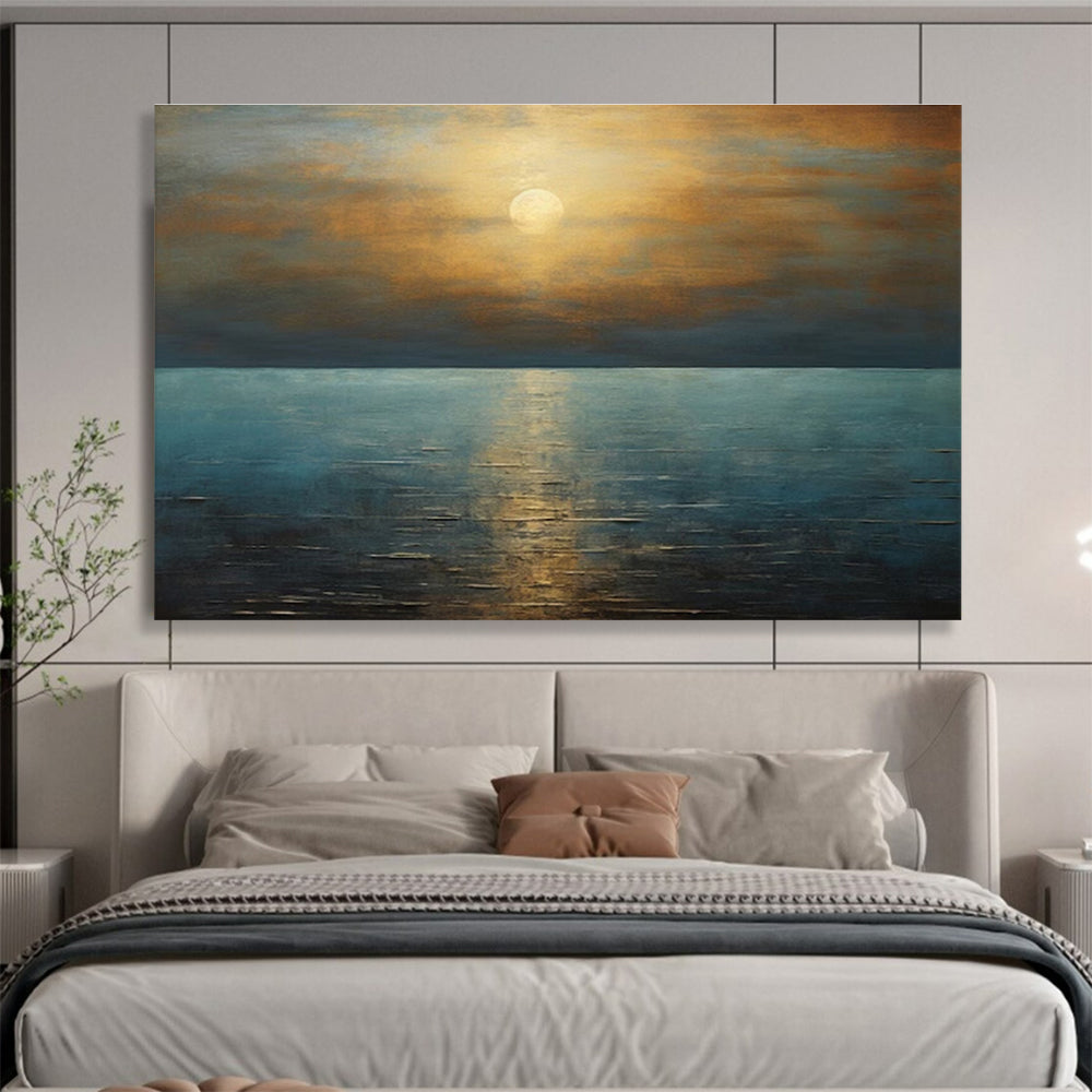 Golden Sunset Over Blue Sea Seascape Painting On Canvas DKS102