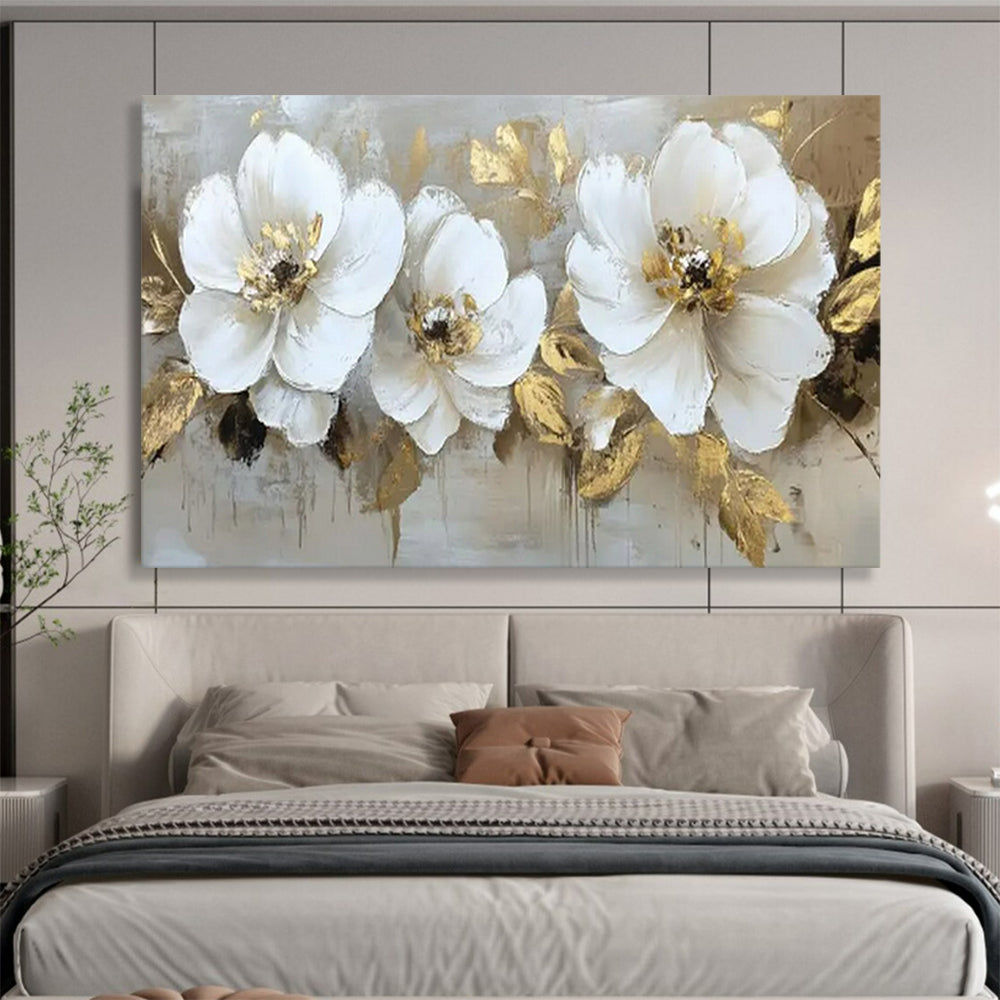 “White Blooms & Gold Foliage” - Floral Impasto - Painting On Canvas PT1705