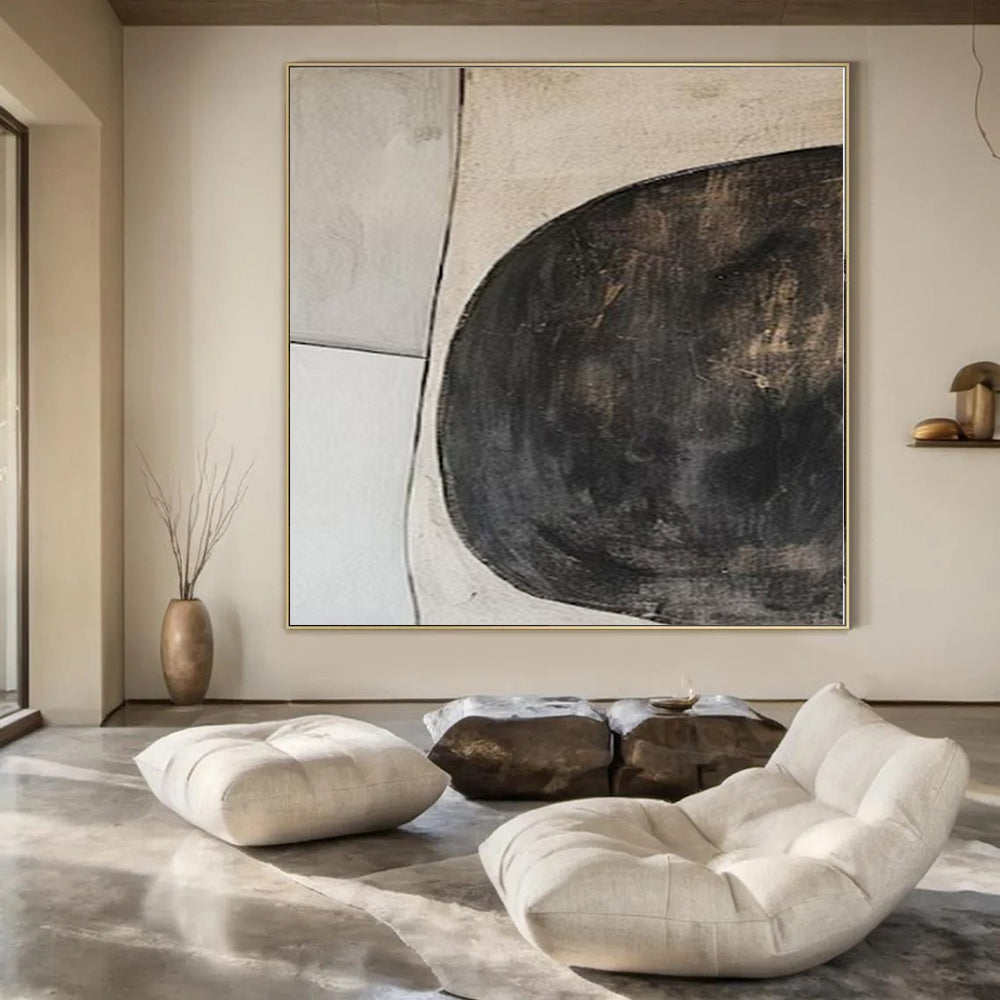 Beige, Black and White with Circular and Linear Forms "Earthy Balance" Abstract Painting On Canvas PS1110
