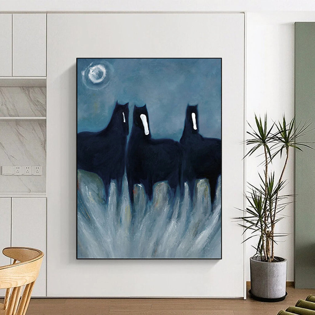 “Mystical Black Horses” - Expressionist - Inspired Animal Painting On Canvas PT1444