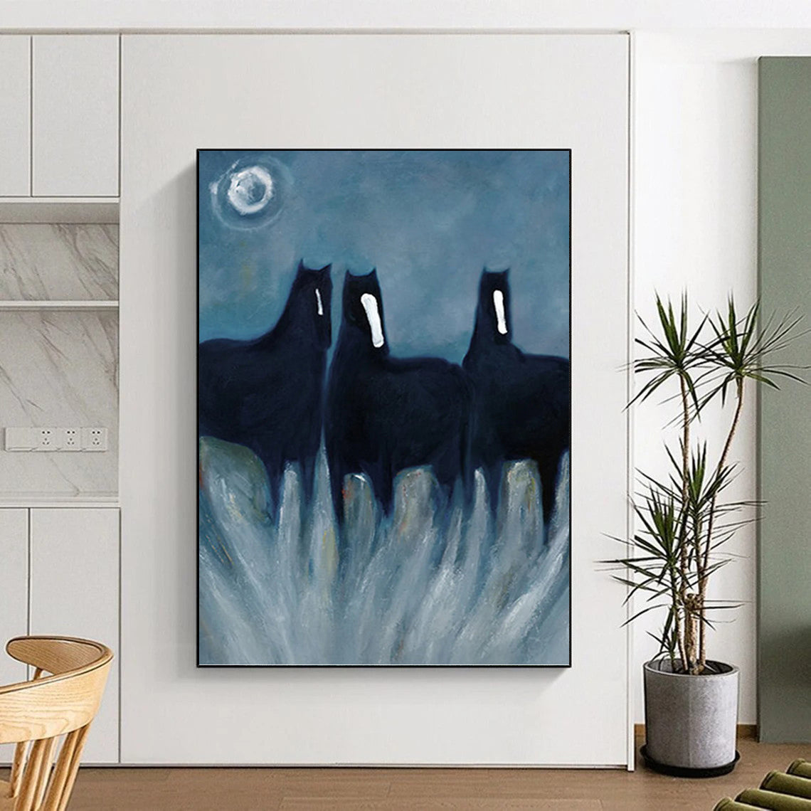 “Mystical Black Horses” - Expressionist - Inspired Animal Painting On Canvas PT1444