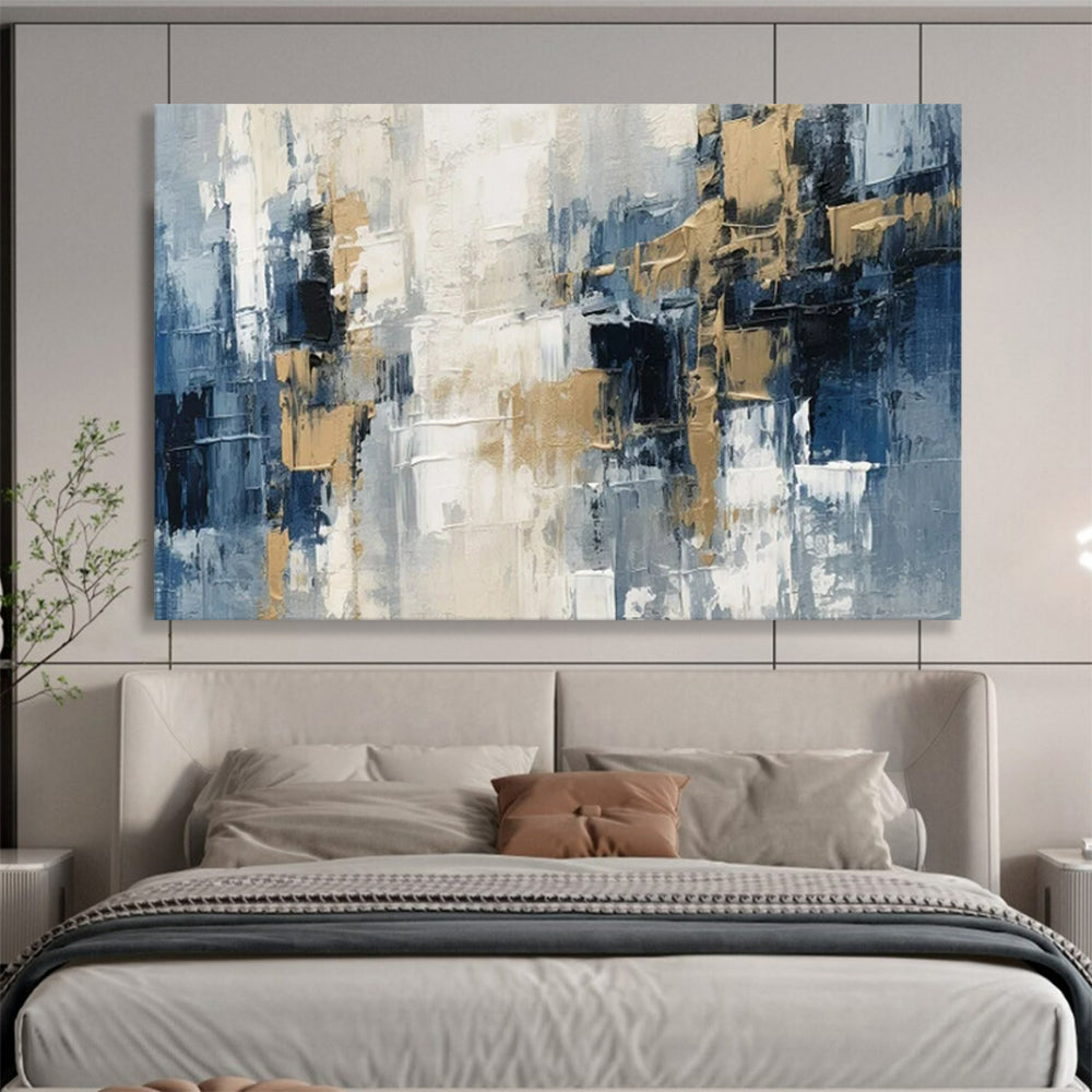 “Blue - Gray Blocks & Gold Accents” - Abstract Cityscape - Painting On Canvas PT1706