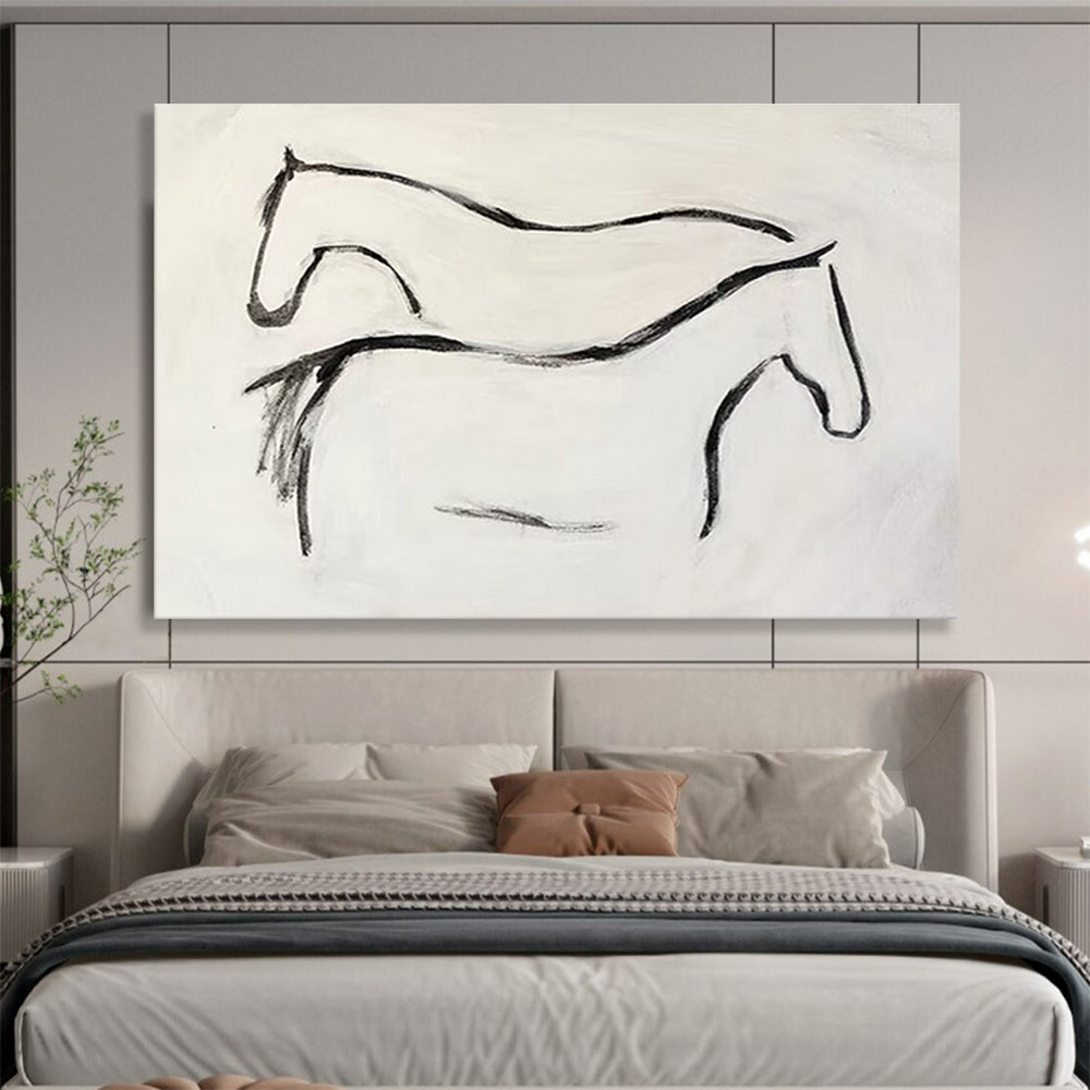 “Minimalist Horse Silhouettes” - Black & White Figurative, Simplistic Ink Painting On Canvas DKS751