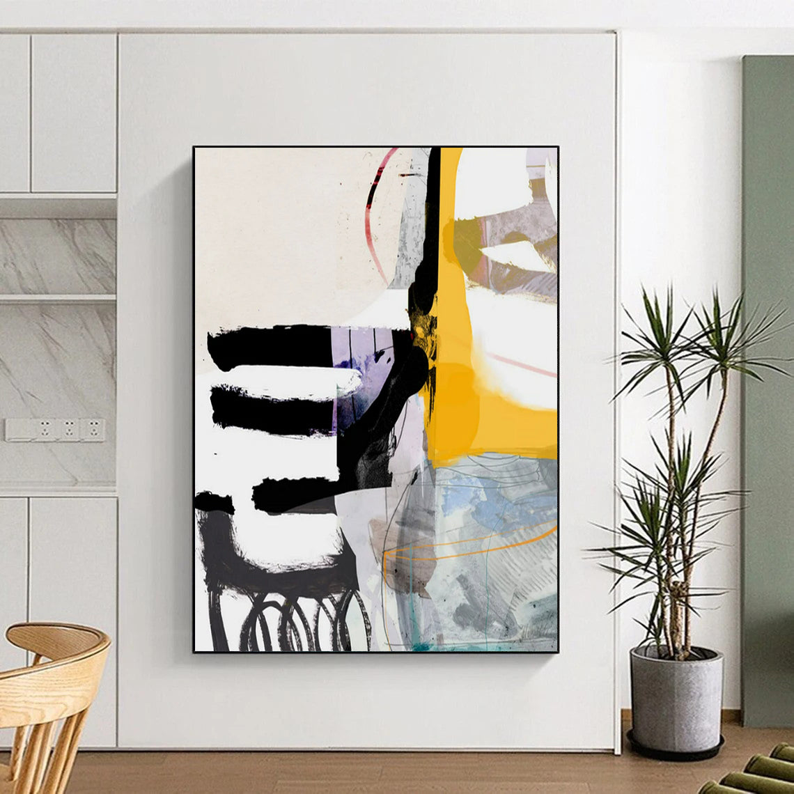 “Yellow - Purple - Black Abstract Collage” - Mixed - Media Abstract Painting On Canvas PT2313