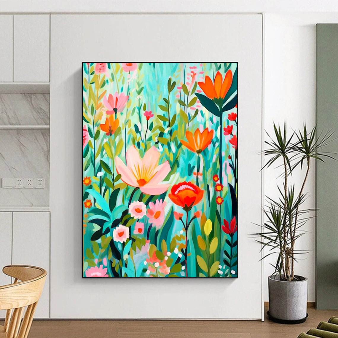 “Colorful Floral Meadow” - Modern, Whimsical - Styled Painting On Canvas PT1595