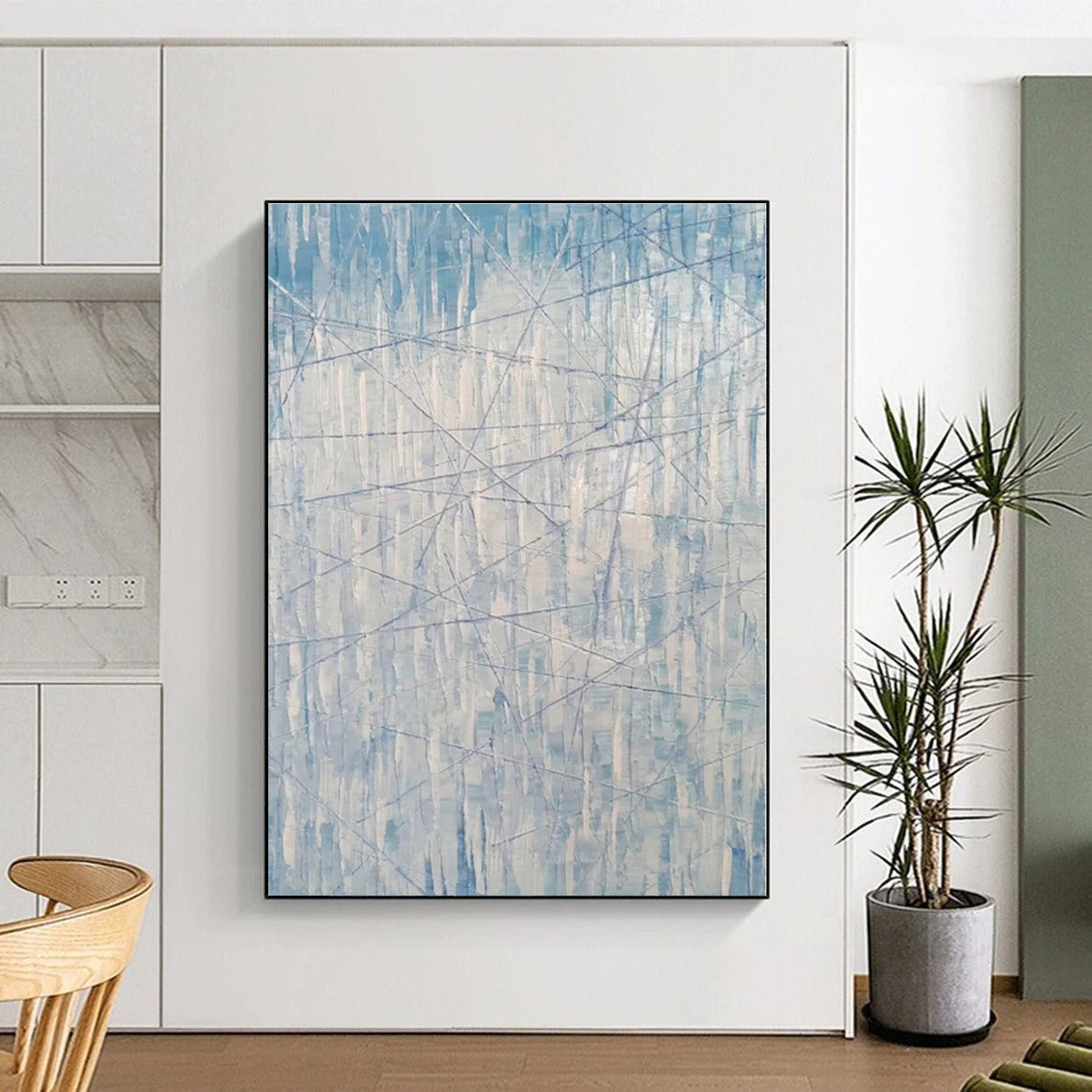 “Blue - White Linear Abstraction” - Blue, White Abstract Painting On Canvas PS0475