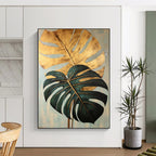 “Gold and Green Monstera Leaves” - Botanical Acrylic Painting On Canvas PT2195