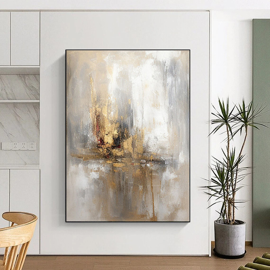 “Gold - Beige Reflective Abstract” - Gold, Beige, Gray Abstract Impressionist Painting On Canvas PS0570