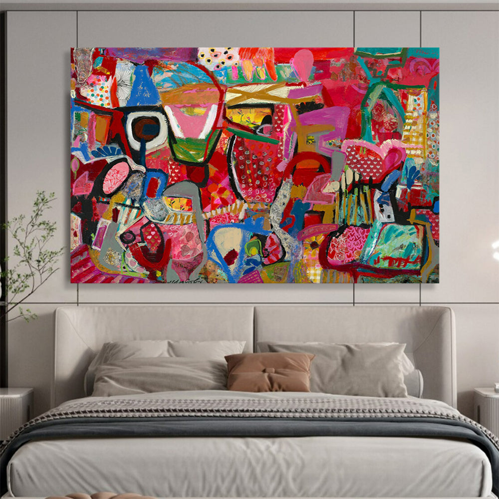 “Pink - Red Abstract Carnival” - Colorful Figurative Painting On Canvas PT239