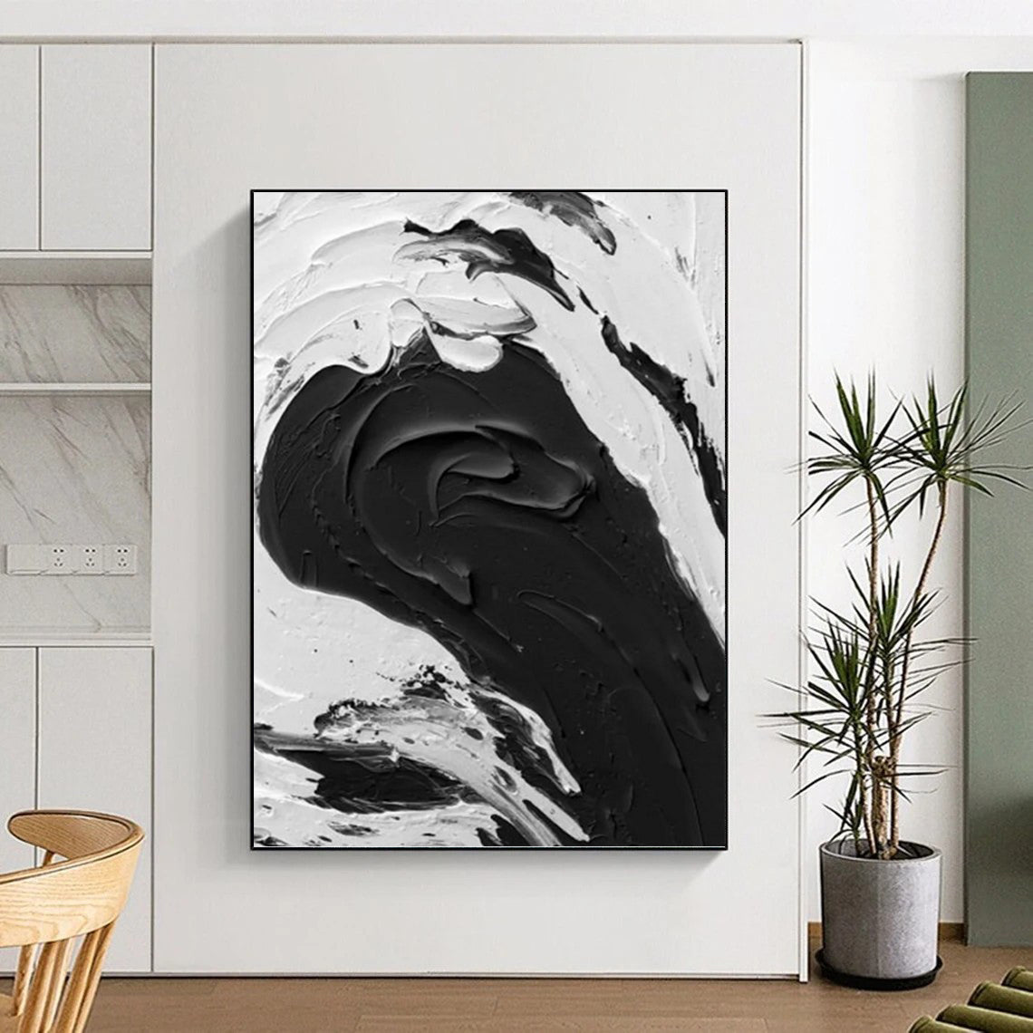 “Bold Black - White Textured Swirl” - Abstract, Graphic - Styled Painting On Canvas PT1679