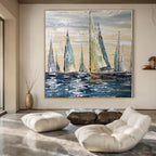 Blue, White, Beige with Sailboats "Sailboat Serenade" Impressionist Painting On Canvas PS1302