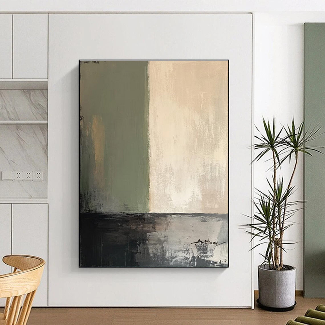 “Green - Beige Minimalist Abstraction” - Green, Beige, Gray Abstract Painting On Canvas PS0487