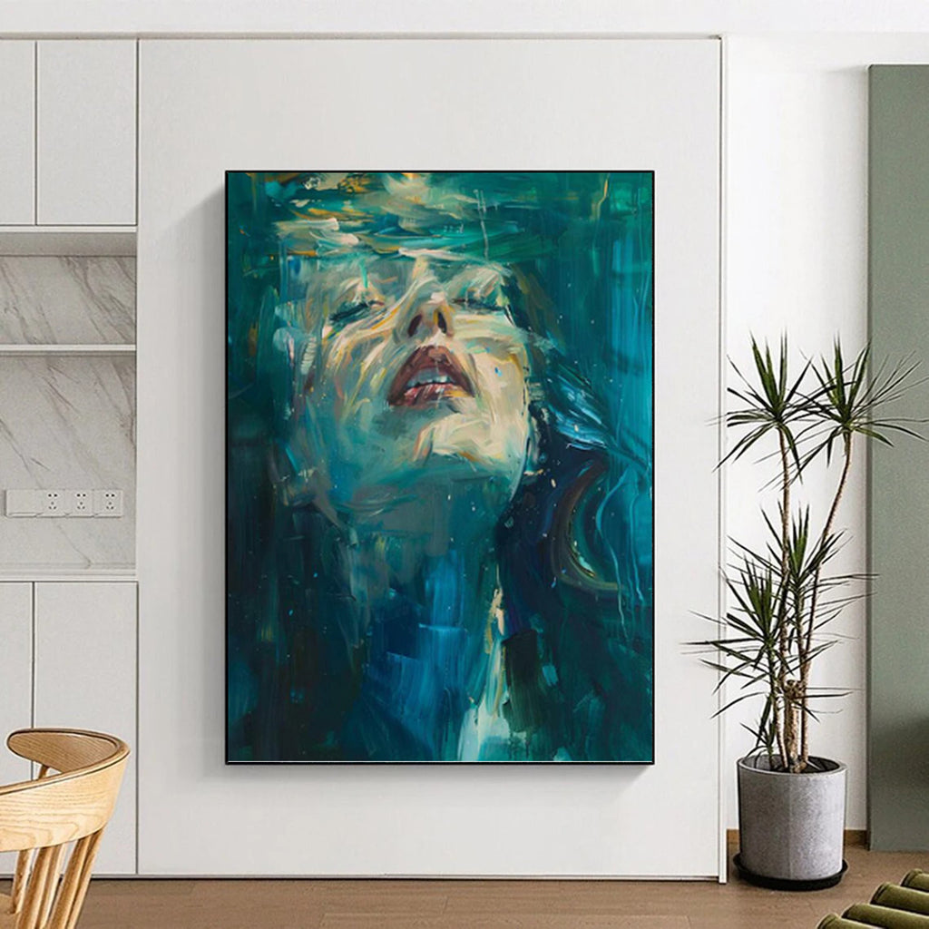 “Blue - Green Underwater Portrait” - Impasto Abstract Painting On Canvas PT1183