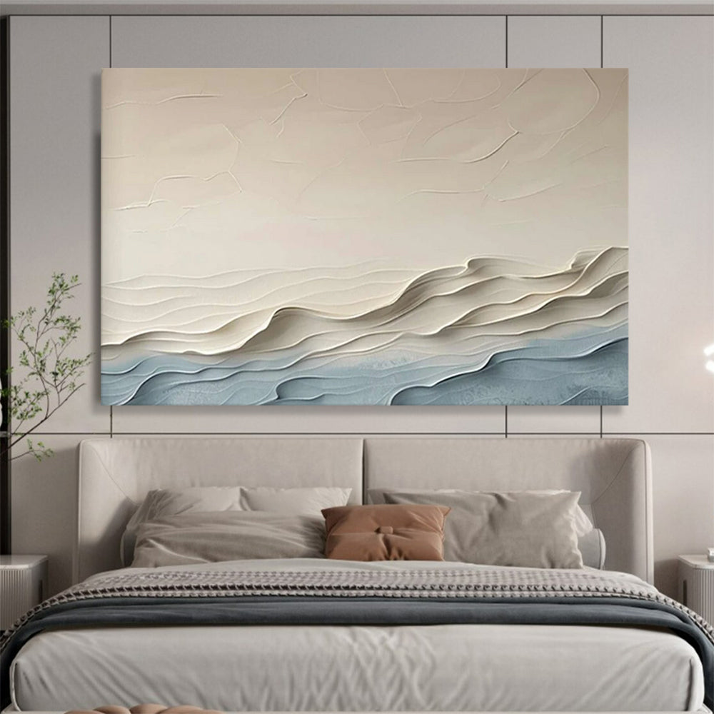 “Beige & Blue Textured Waves” - 3D Abstract Landscape Painting On Canvas PT251