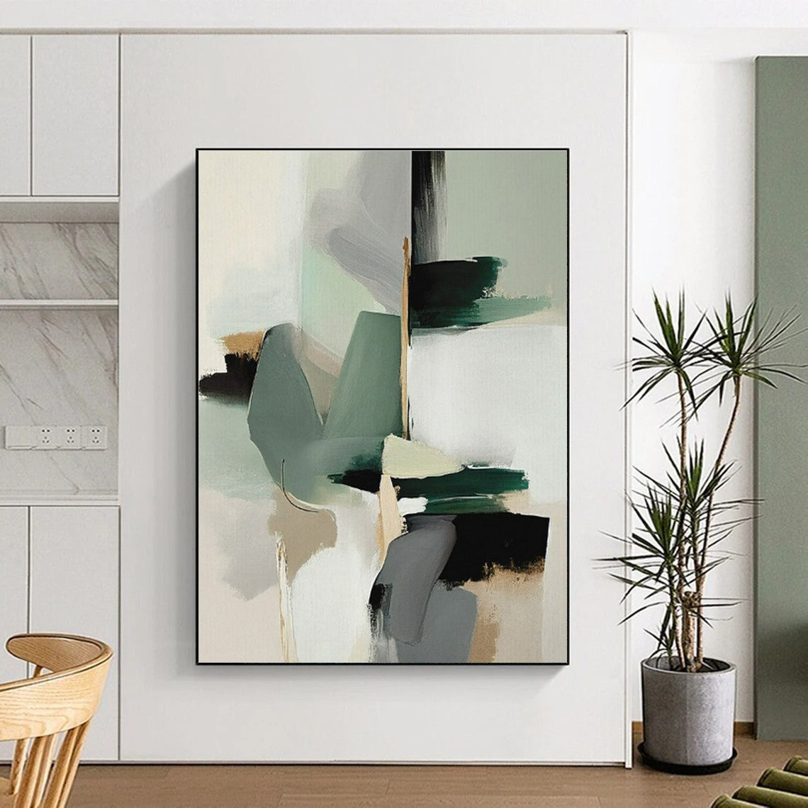 “Mint & Gray Abstract Composition” - Mint, Gray, White, Black Abstract Painting On Canvas PS0760