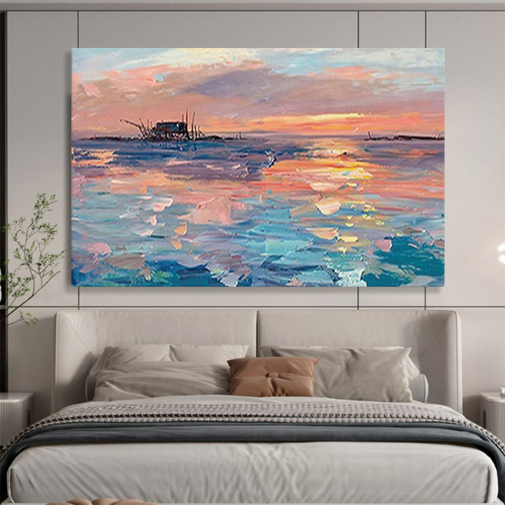 “Sunset Fishing Village” - Impressionistic Seaside Painting On Canvas PT205