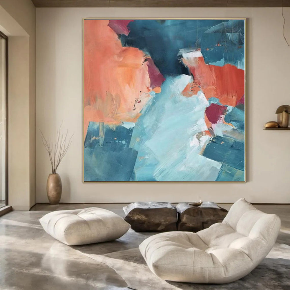 “Teal and Coral Abstract” - Vibrant Abstract Painting On Canvas PS0180
