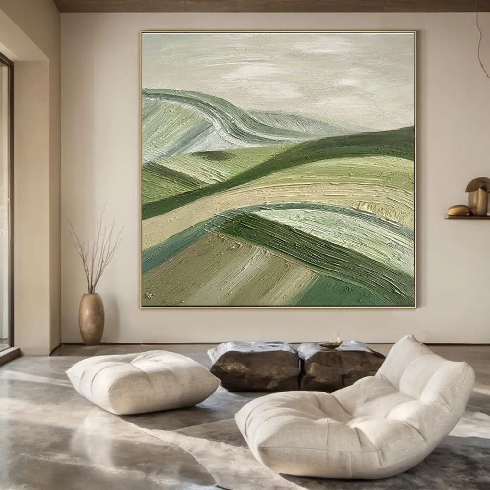 Green, Beige with Textured Hills "Rolling Serenity" Abstract Painting On Canvas PS1455