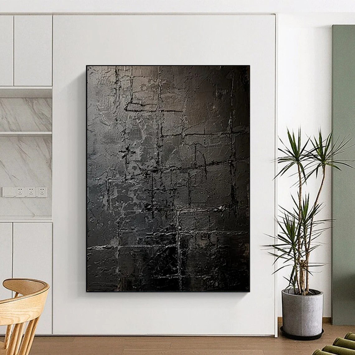 “Dark Gray Textured Grid” - Abstract Impasto Painting On Canvas PT2363