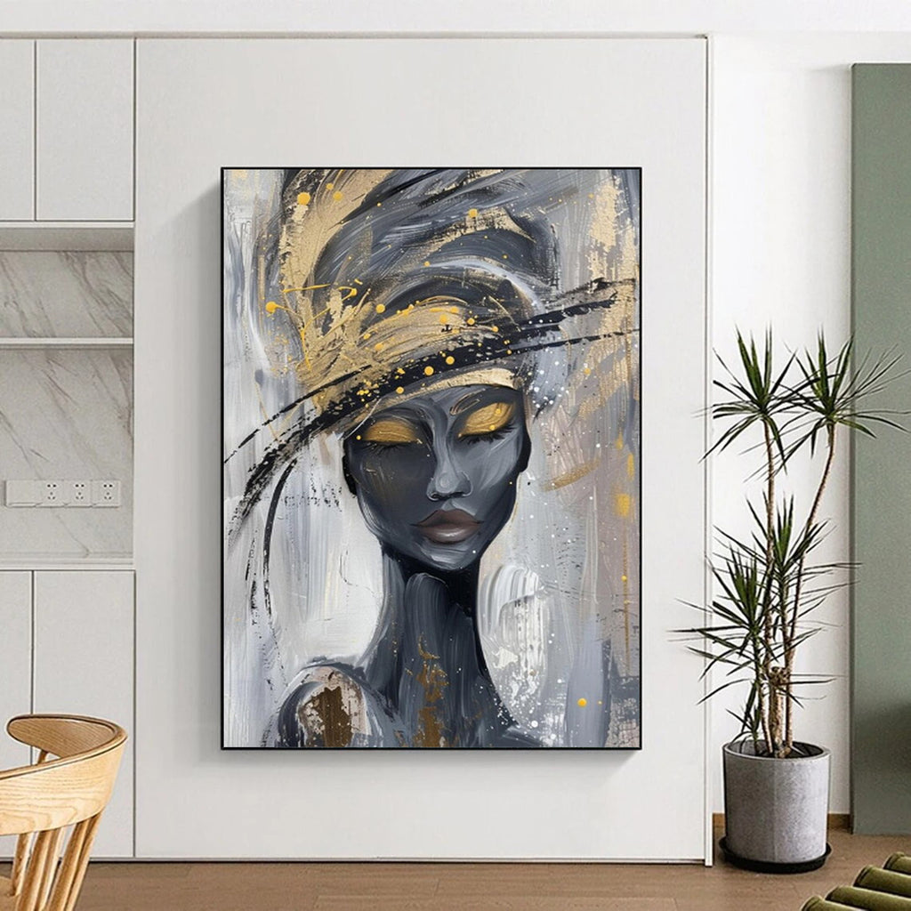 “Stylized Woman with Gold and Gray” - Contemporary Acrylic Painting On Canvas PT2197