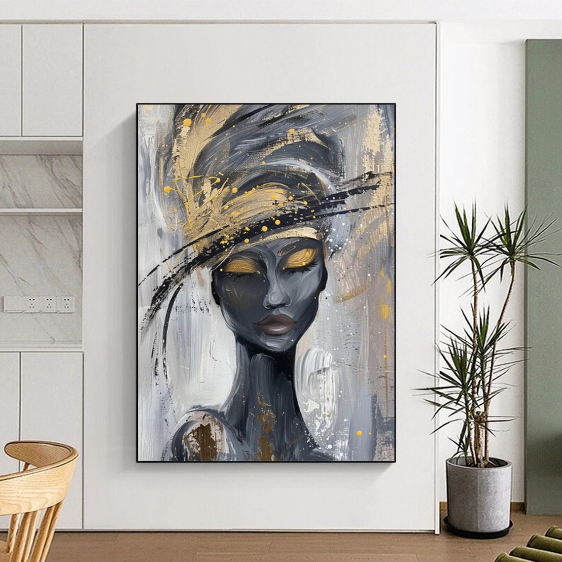 “Stylized Woman with Gold and Gray” - Contemporary Acrylic Painting On Canvas PT2197