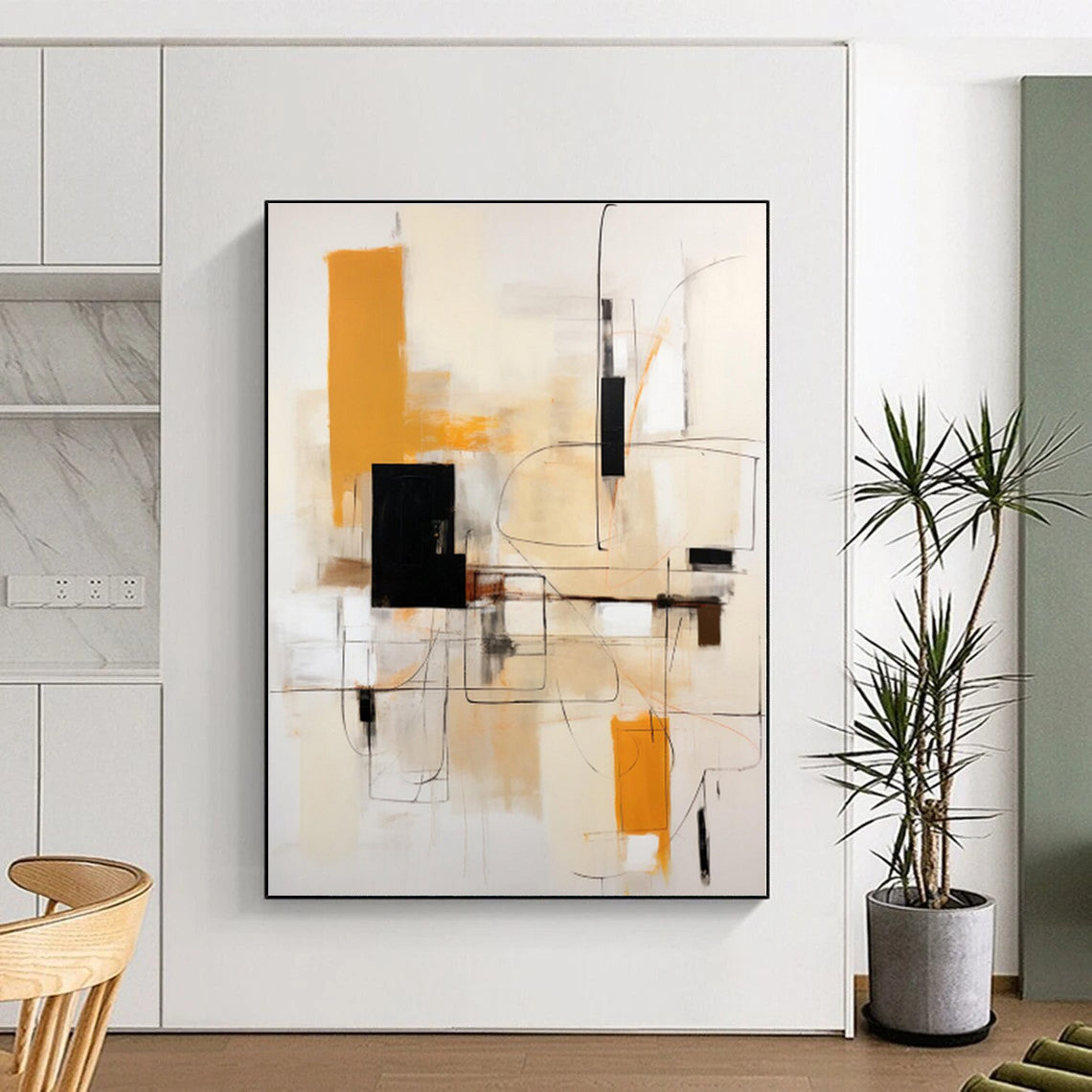 “Black, Orange & Beige Abstract Lines” - Abstract Geometric Painting On Canvas PS0404