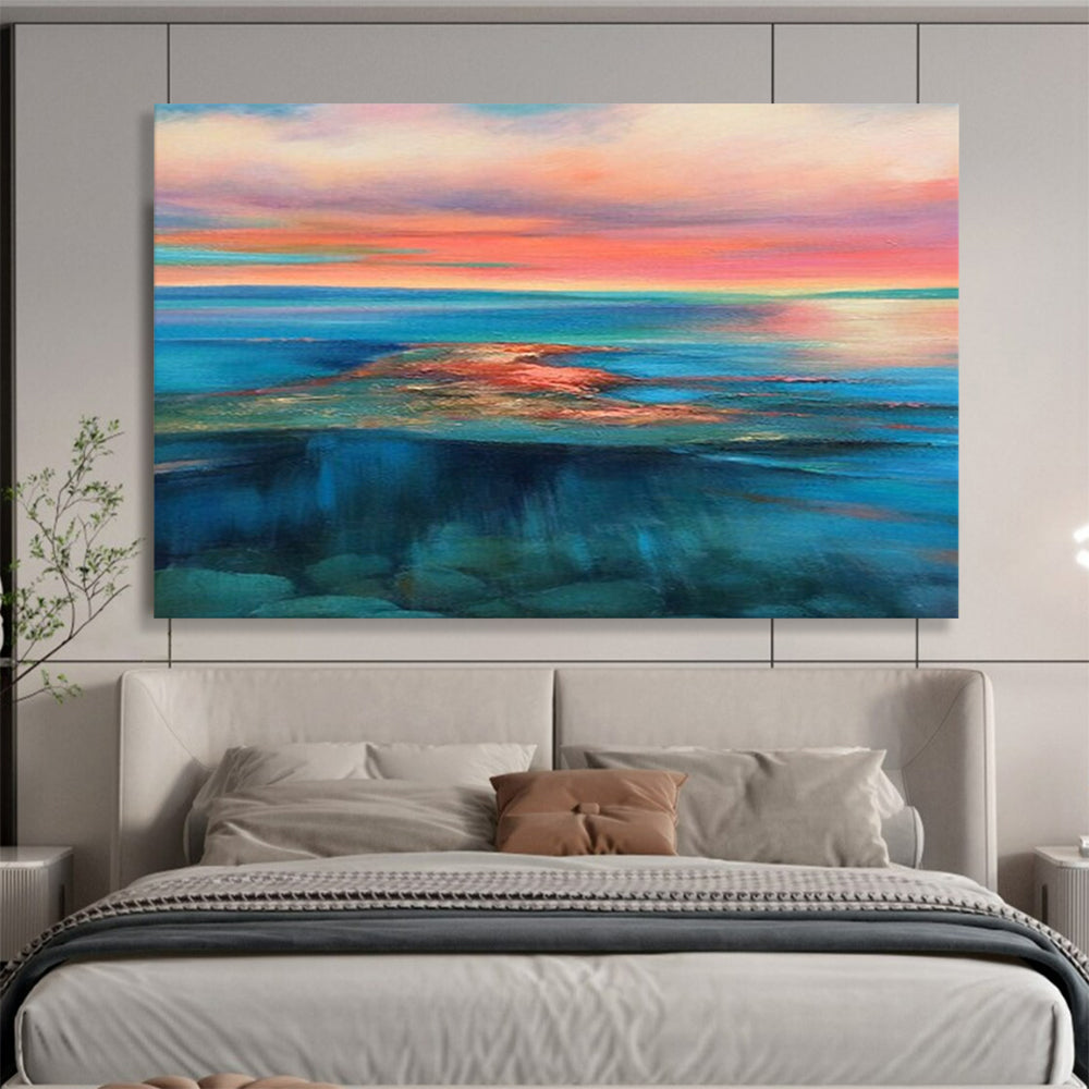 “Vibrant Coastal Sunset in Pinks, Oranges & Blues” - Colorful Seascape Oil Painting On Canvas PT024