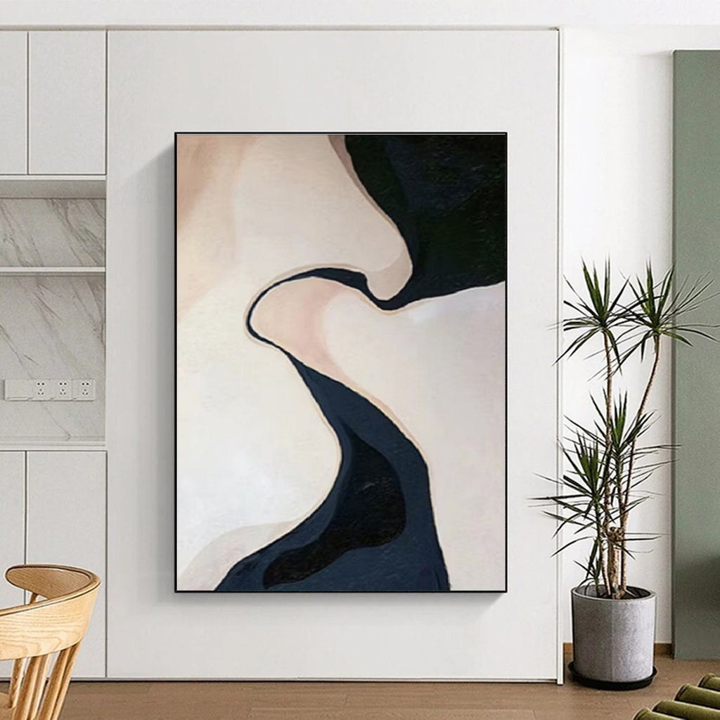 “Meandering Dark River” - Beige, Dark Blue Abstract Landscape Painting On Canvas PS0664
