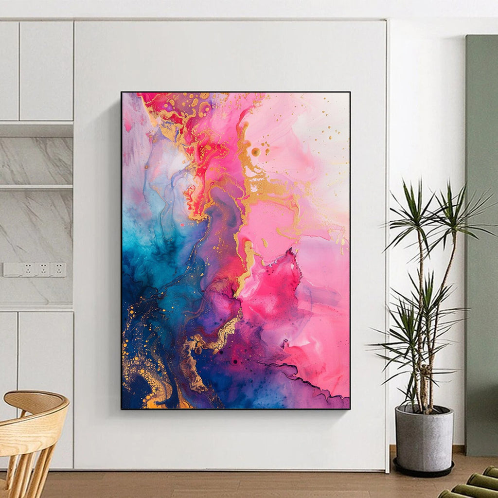 “Pink, Blue & Gold Ink Flow” - Fluid Abstract Painting On Canvas DS286