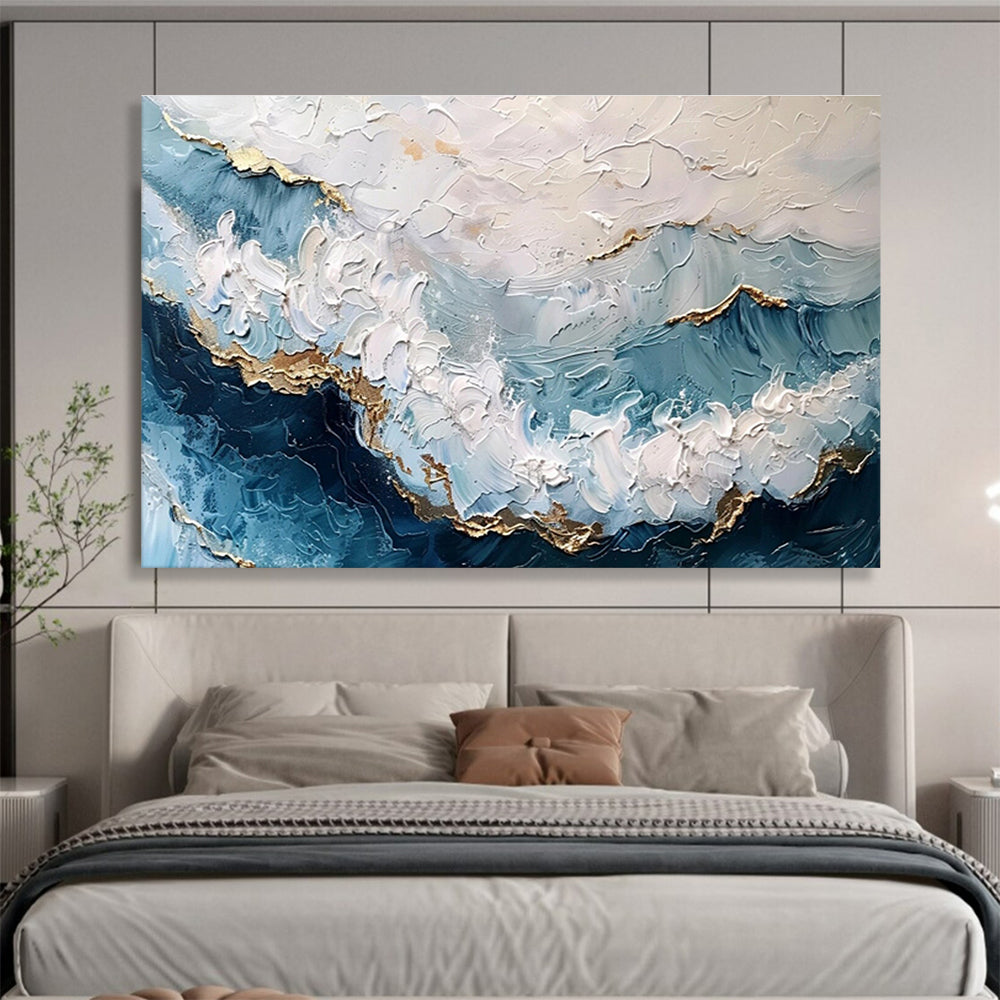 Textured Ocean Waves with Gold - Coastal Impasto Painting On Canvas DKS347