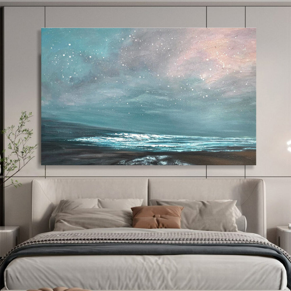 Star - Filled Sky Over Turquoise Sea Seascape Painting On Canvas DKS106
