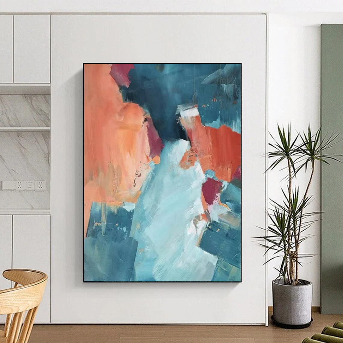 “Blue, Orange, and Pink Abstract” - Fauvist Abstract Painting On Canvas PT2269