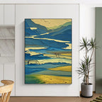 “Layered Blue - Yellow Landscape: Abstract Mountain Art” - Vibrant Geometric Painting On Canvas PT0963