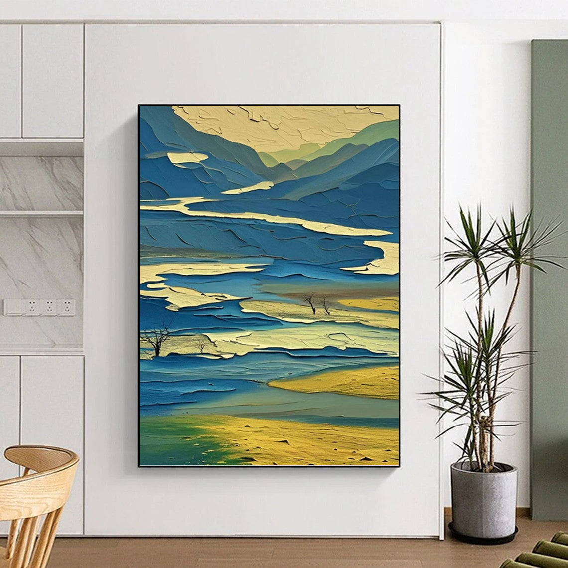“Layered Blue - Yellow Landscape: Abstract Mountain Art” - Vibrant Geometric Painting On Canvas PT0963